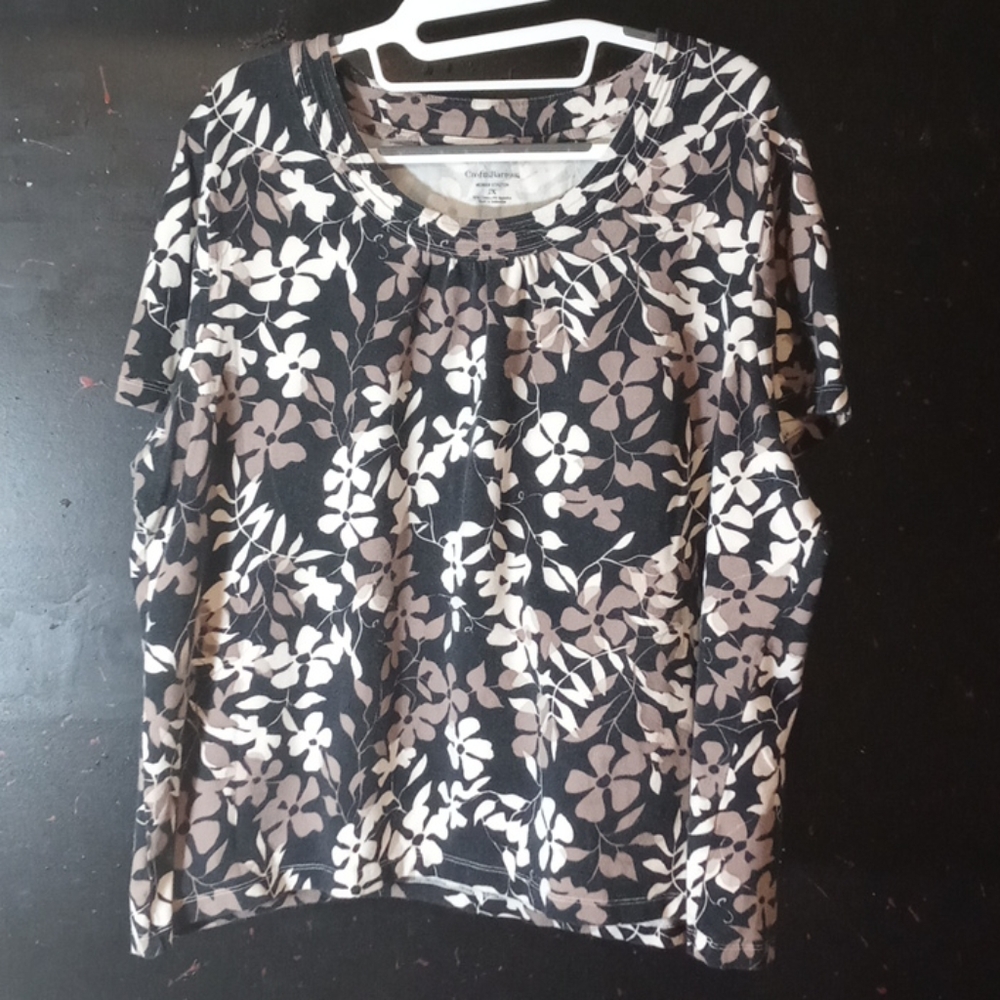 Stretchy black top with brown & tan flowers